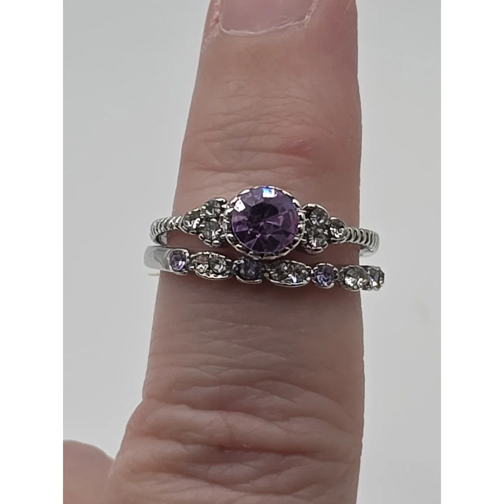 Violet Purple Rhinestone Silvertone 2 Ring Set Size 7